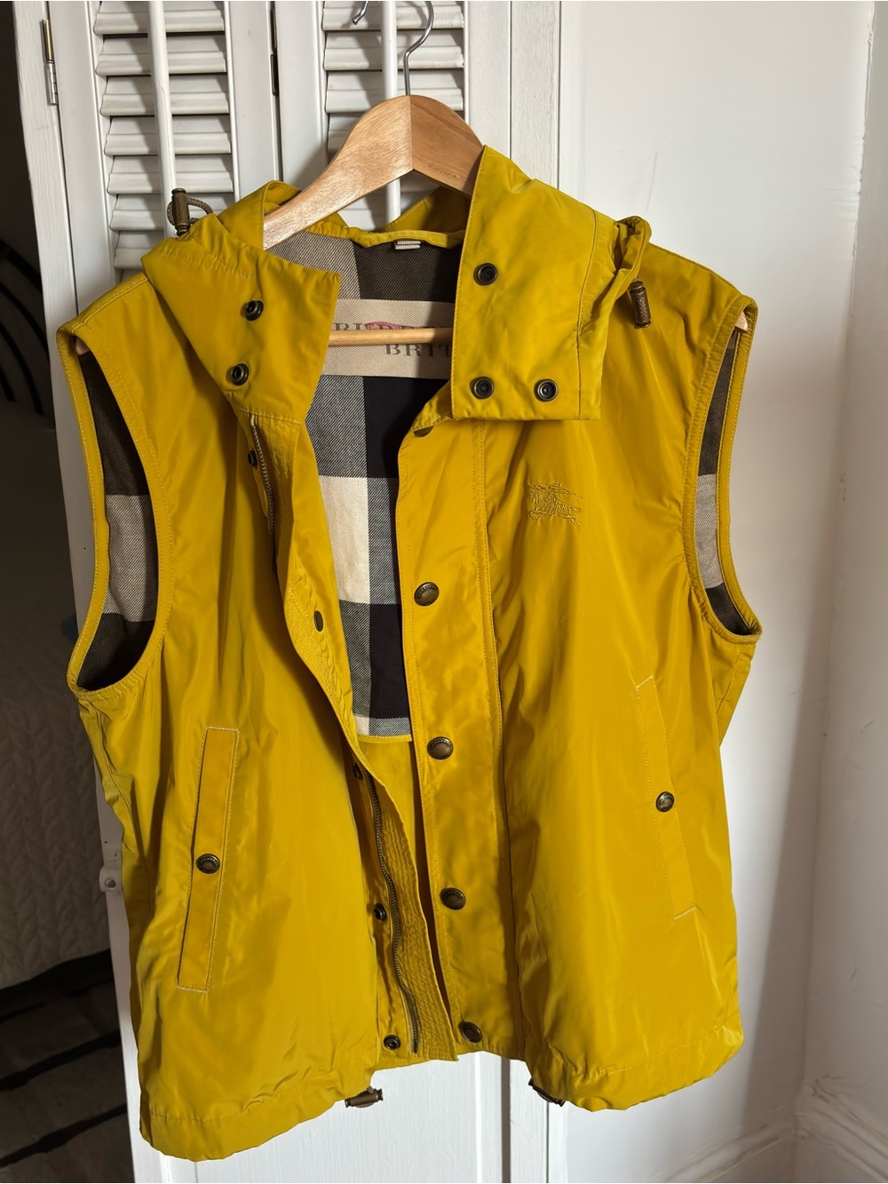 Burberry Yellow Hooded Quilted Vest with Signature Check Lining
